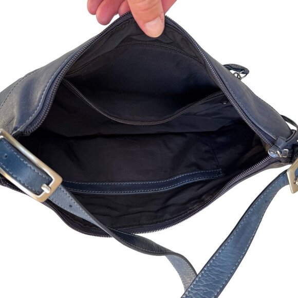 Tignanello Navy Leather Adjustable Strap Silver Color Hardware Zip Shoulder Bag - Picture 2 of 8
